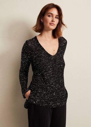 Phase Eight Juanna Sequinted Knitwear Black Australia | QV3674518